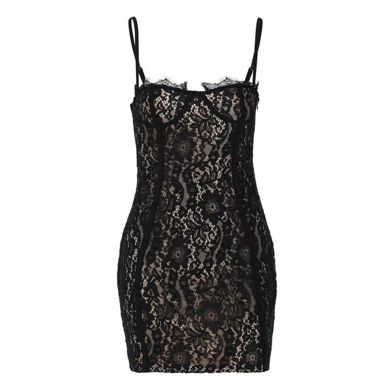 Spaghetti Strap Lace Black Mini Dress