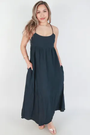 SPAGHETTI STRAP TIE BACK MAXI DRESS