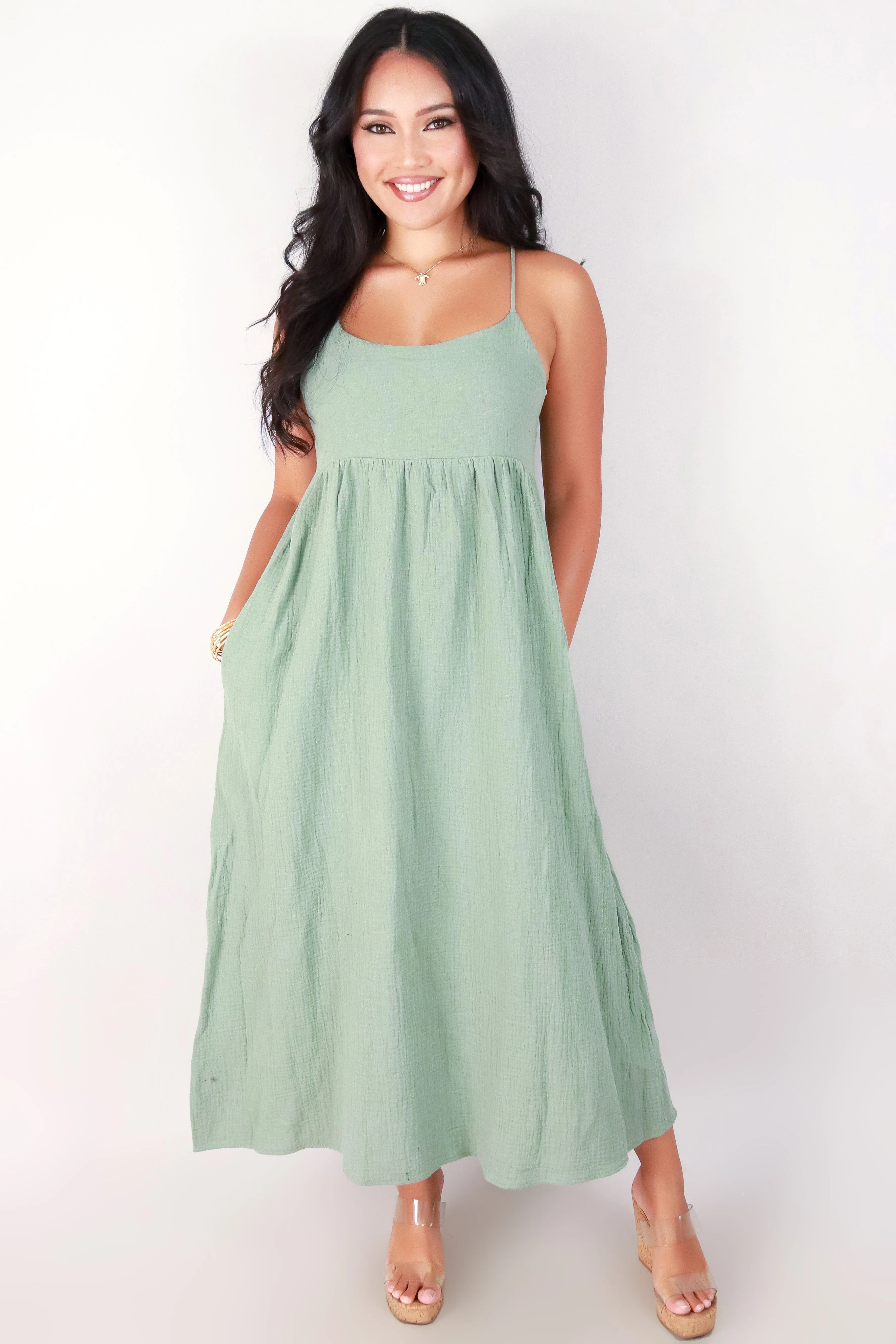 SPAGHETTI STRAP TIE BACK MAXI DRESS