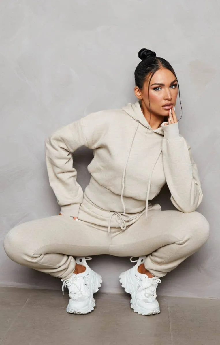 Stone Long Sleeve Cropped Fleece Hoodie & Cuffed Joggers