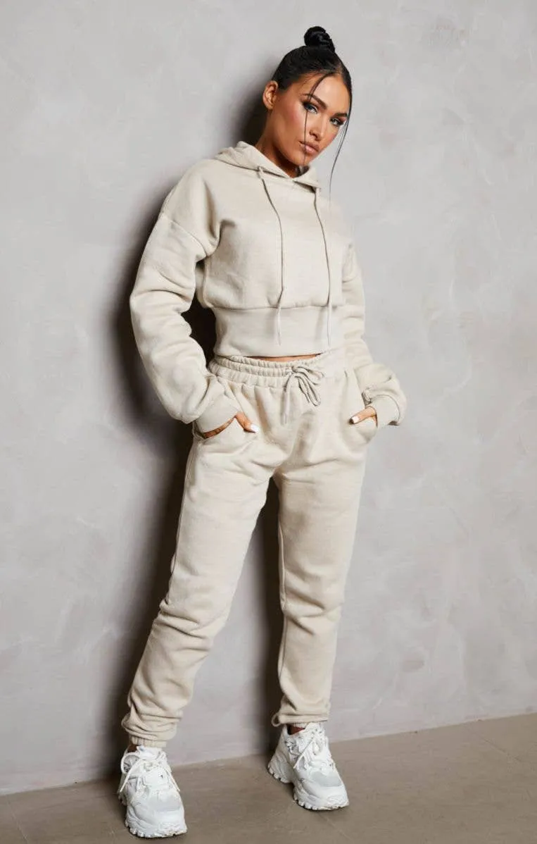 Stone Long Sleeve Cropped Fleece Hoodie & Cuffed Joggers