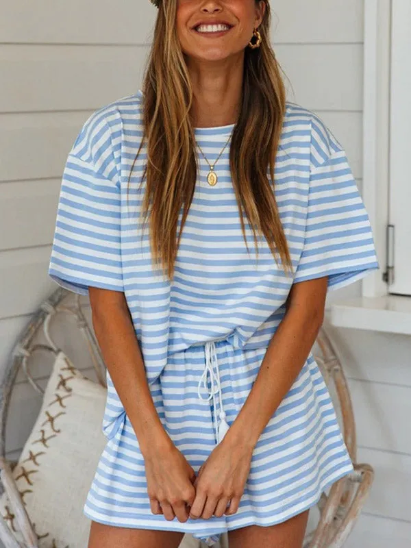 Striped Top & Drawstring Shorts Set