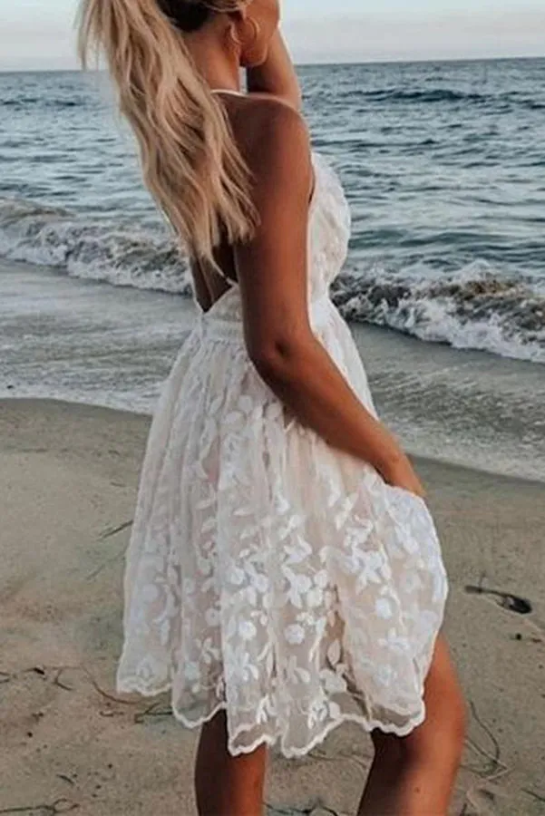 Stunncal V-Neck Lace Embroidered White Dress