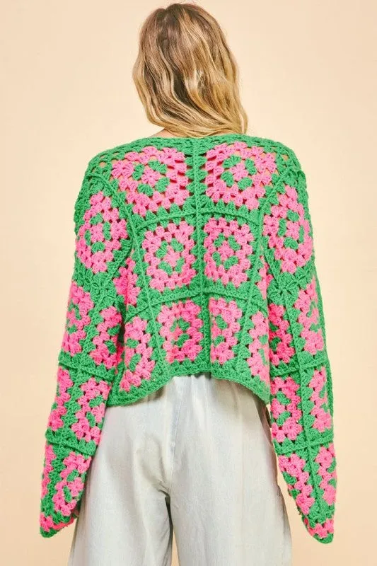 Stylish Two-Tone Flower Crochet Cardigan
