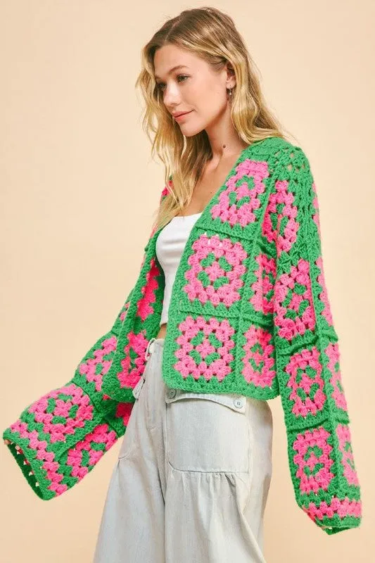 Stylish Two-Tone Flower Crochet Cardigan