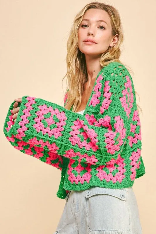 Stylish Two-Tone Flower Crochet Cardigan