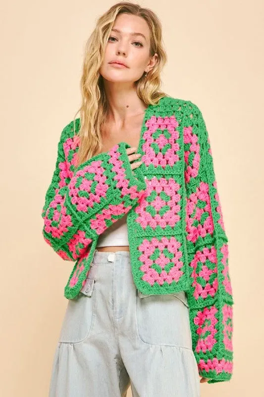 Stylish Two-Tone Flower Crochet Cardigan