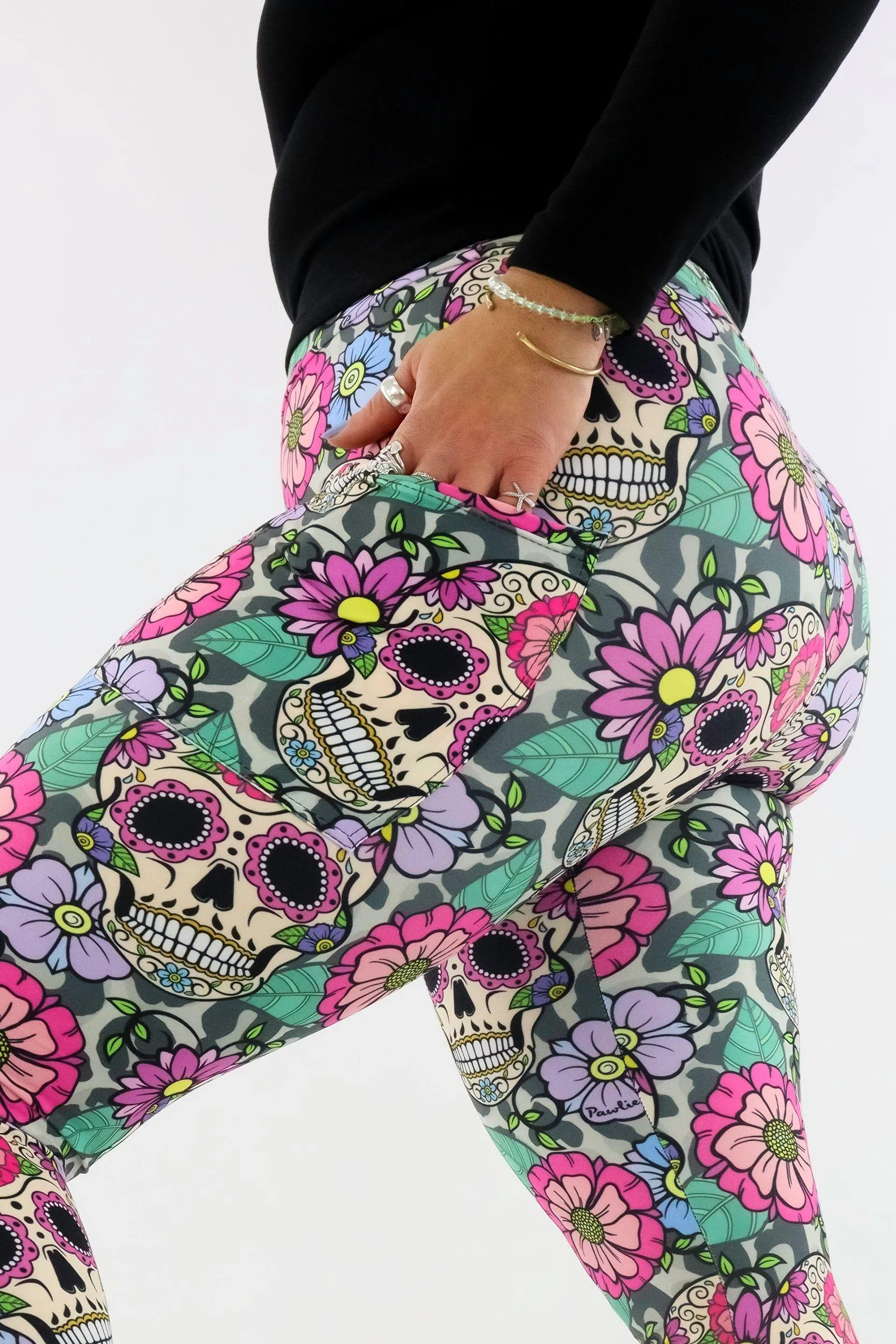 Sugar Skull Flowers 2.0 - Casual - Regular Full Leggings - Pockets