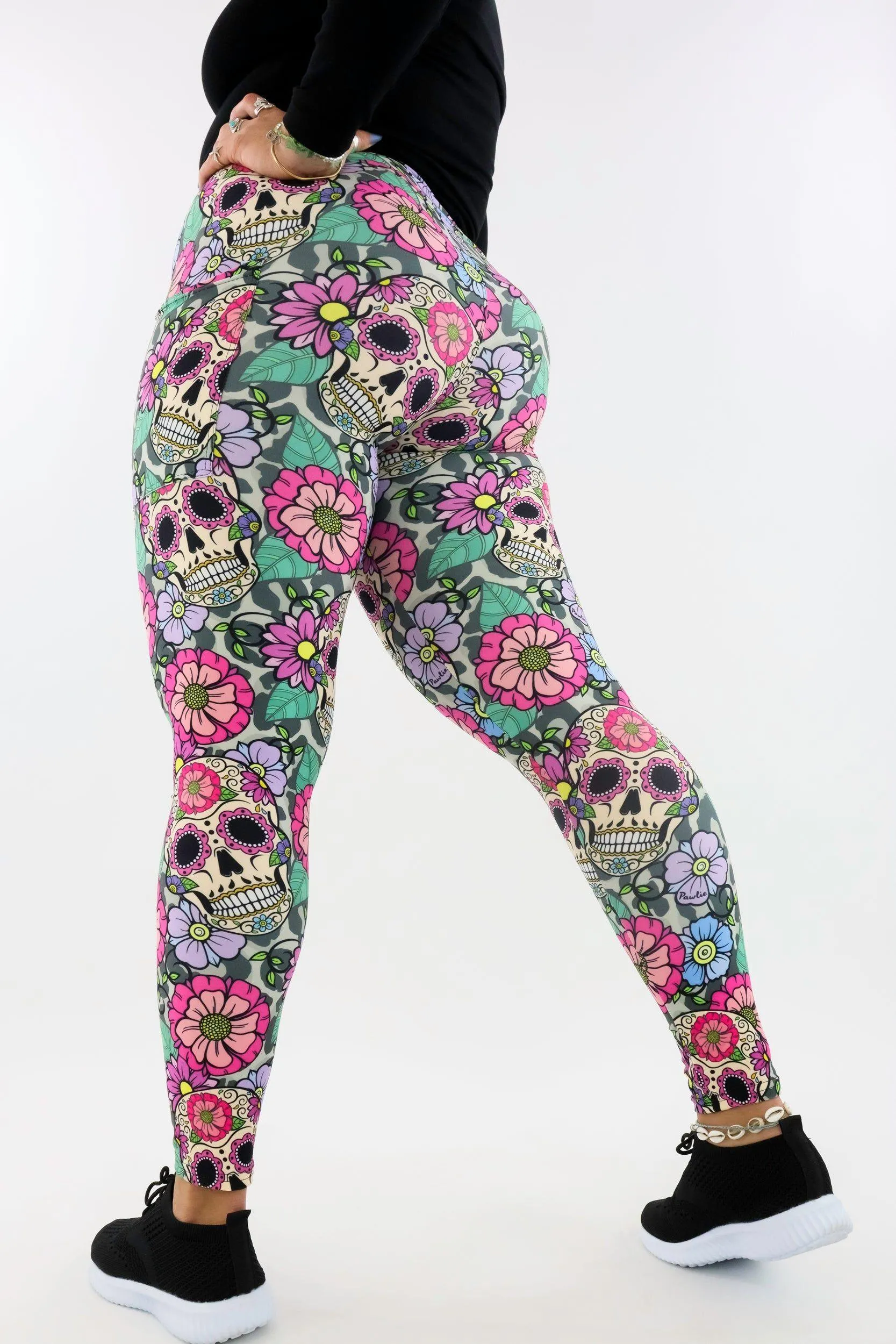Sugar Skull Flowers 2.0 - Casual - Regular Full Leggings - Pockets