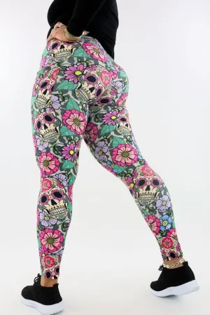 Sugar Skull Flowers 2.0 - Casual - Regular Full Leggings - Pockets