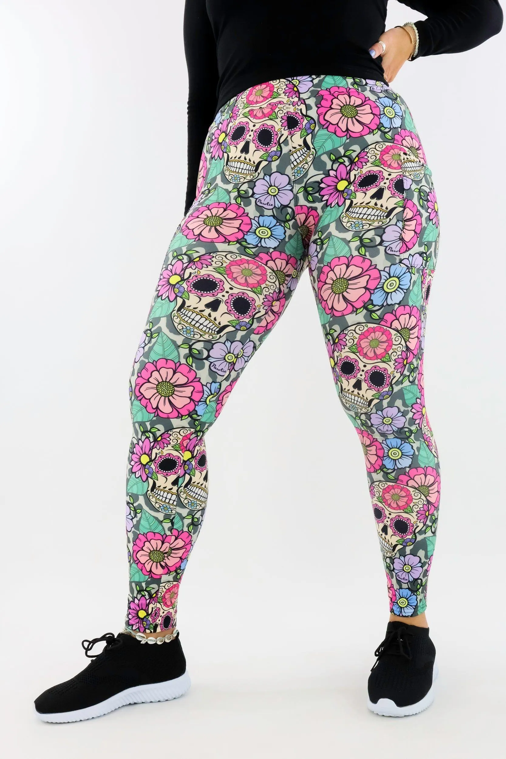 Sugar Skull Flowers 2.0 - Casual - Regular Full Leggings - Pockets