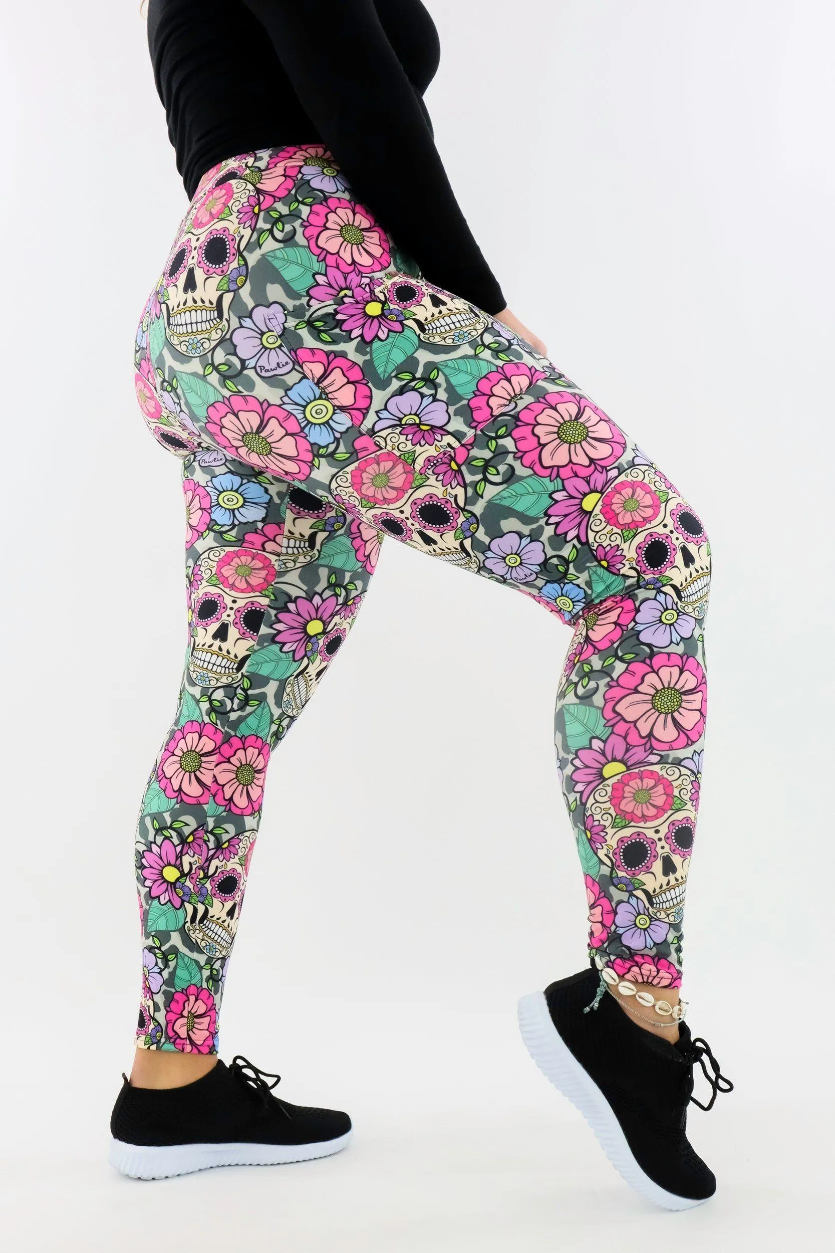 Sugar Skull Flowers 2.0 - Casual - Regular Full Leggings - Pockets