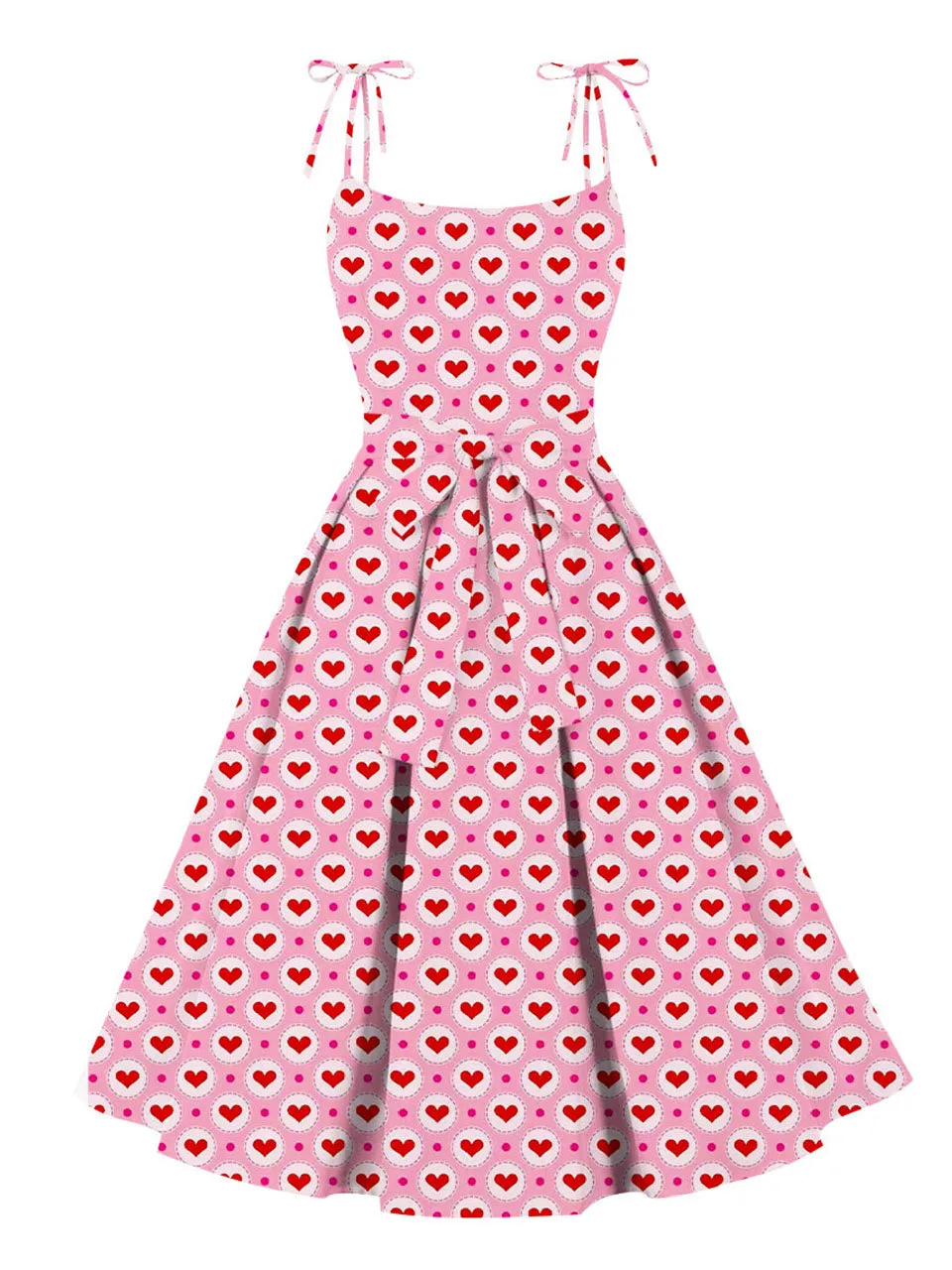 Sweet Love Heart Print  Spaghetti Strap 1950s Vintage Swing Dress