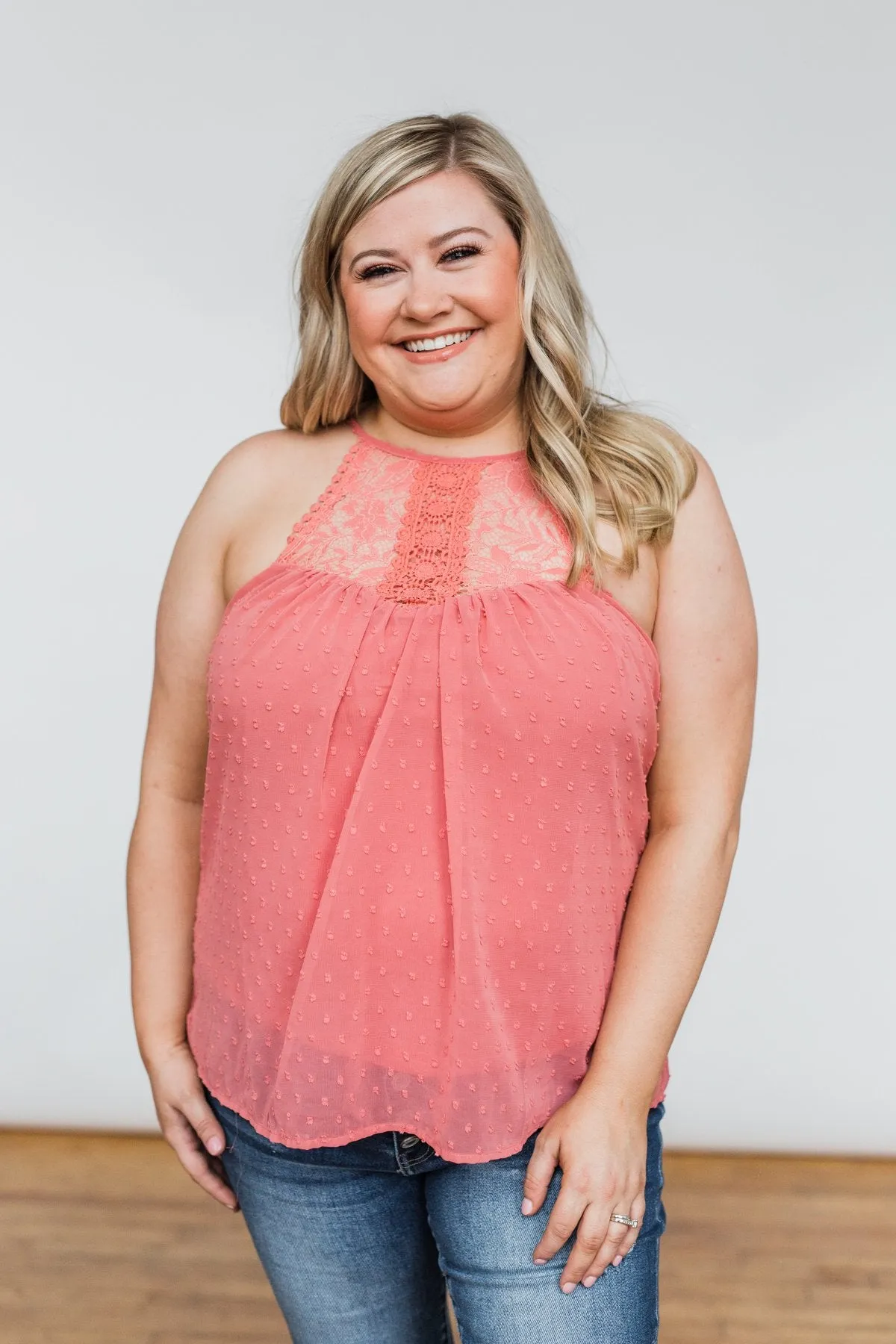 Sweet Smiles Lace Tank Top- Dusty Coral