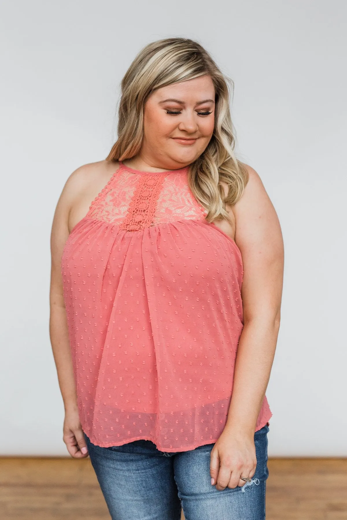 Sweet Smiles Lace Tank Top- Dusty Coral