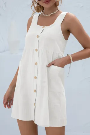 Sweet Solid Pocket Buckle Square Collar Strap Dress Dresses(3 Colors)