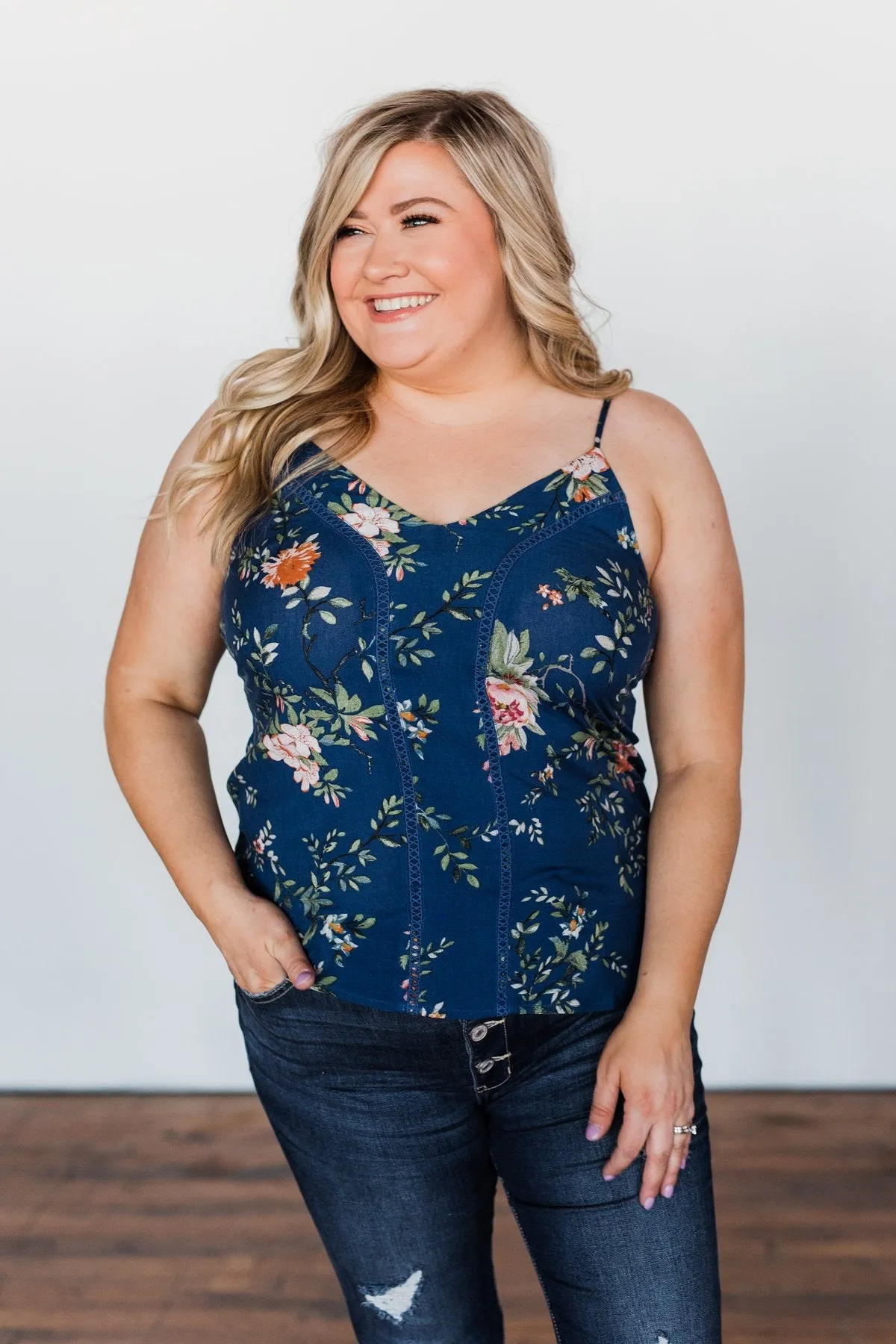 Take A Risk Floral Tank Top- Navy
