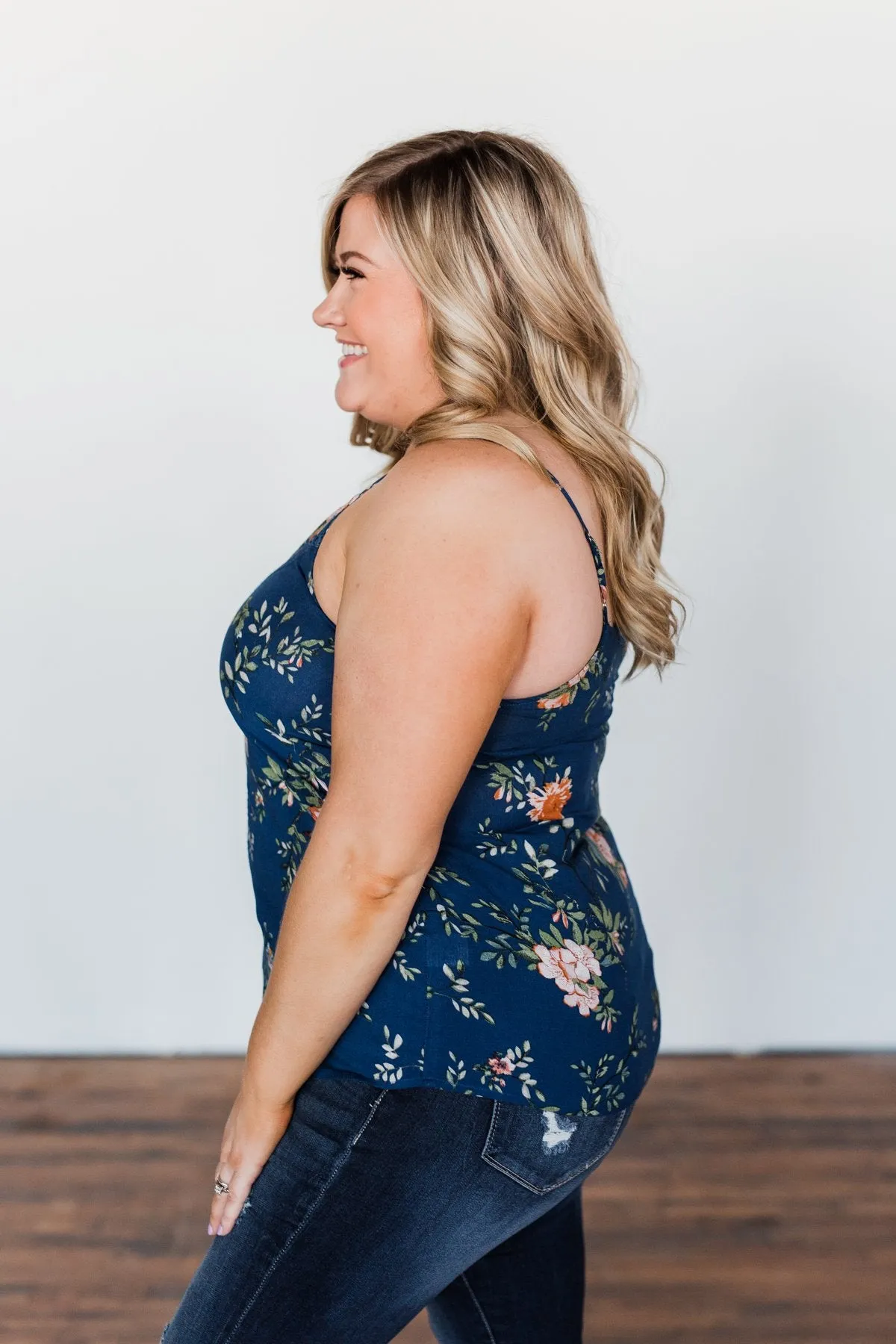 Take A Risk Floral Tank Top- Navy