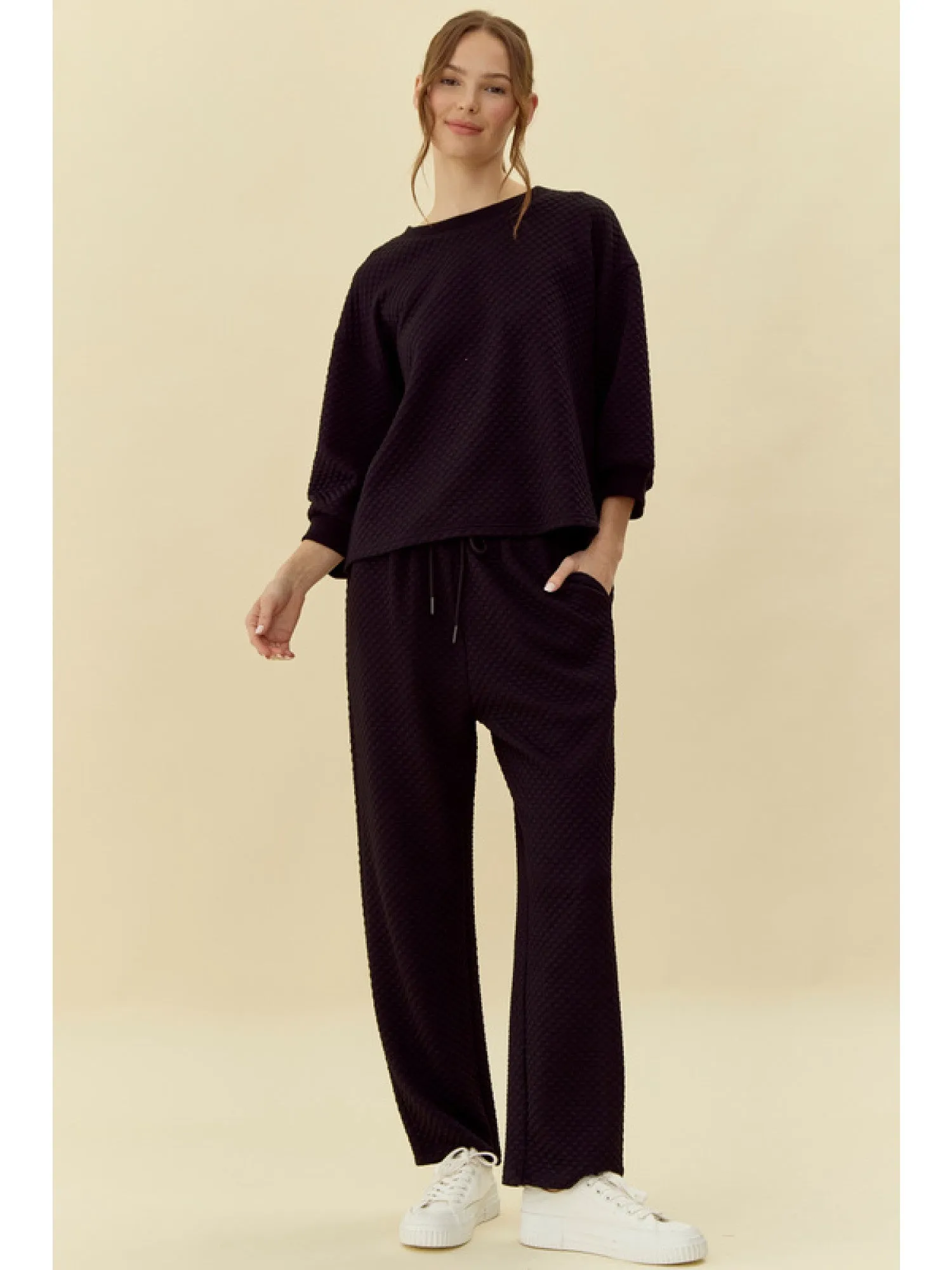 Take It Easy Textured 3/4 Sleeve Top & Drawstring Pant Set