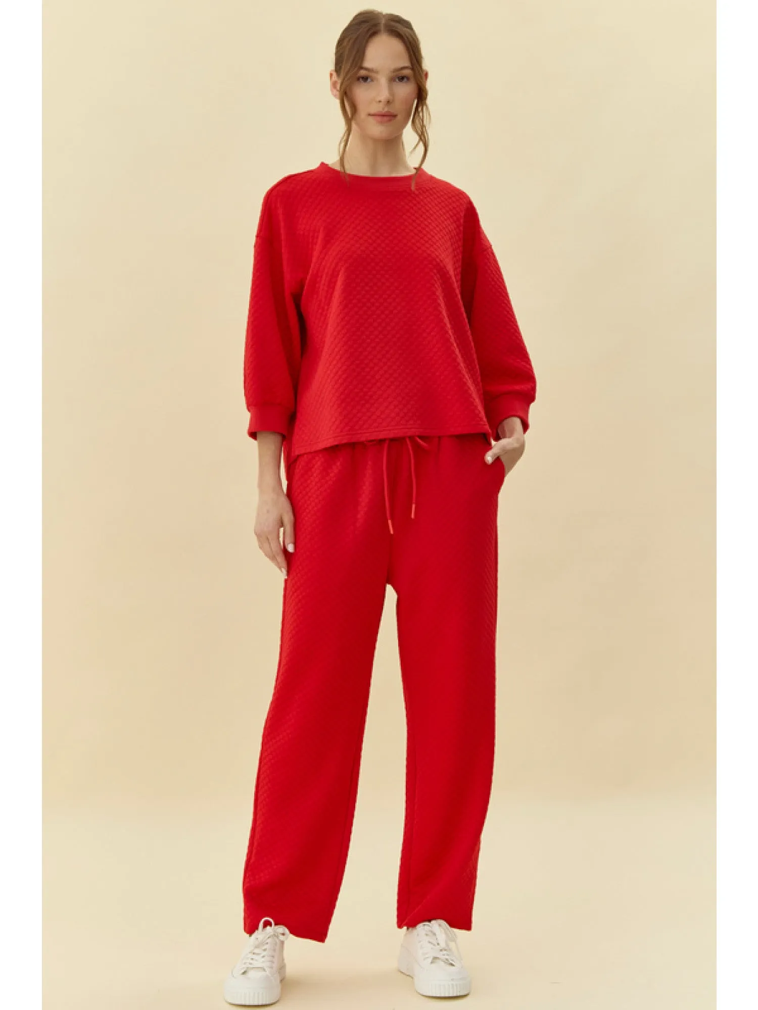 Take It Easy Textured 3/4 Sleeve Top & Drawstring Pant Set