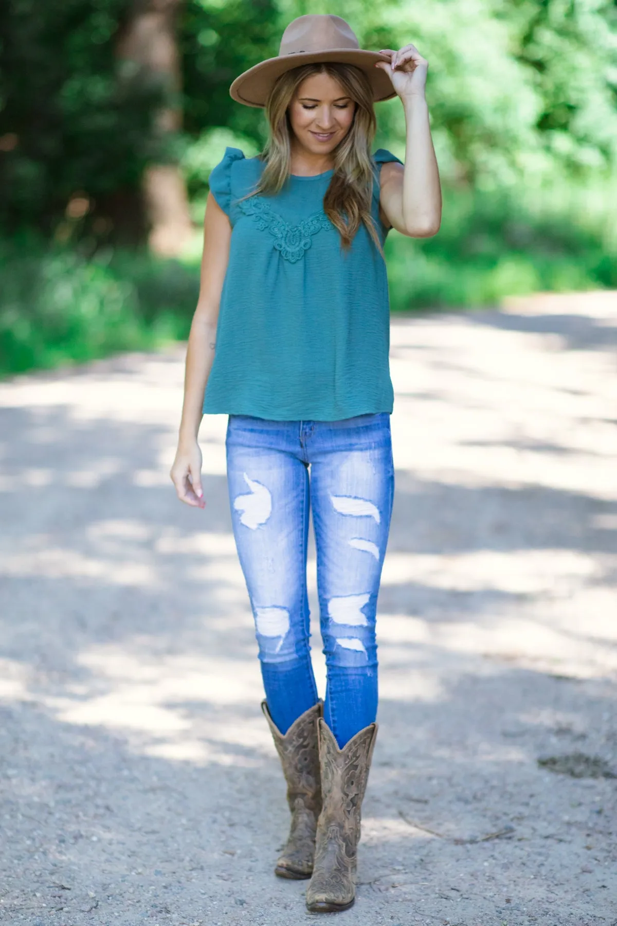 Teal Flutter Sleeve Top With Crochet Detail