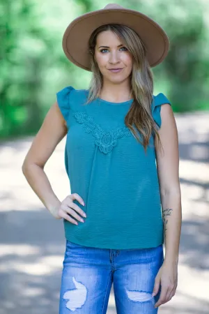 Teal Flutter Sleeve Top With Crochet Detail