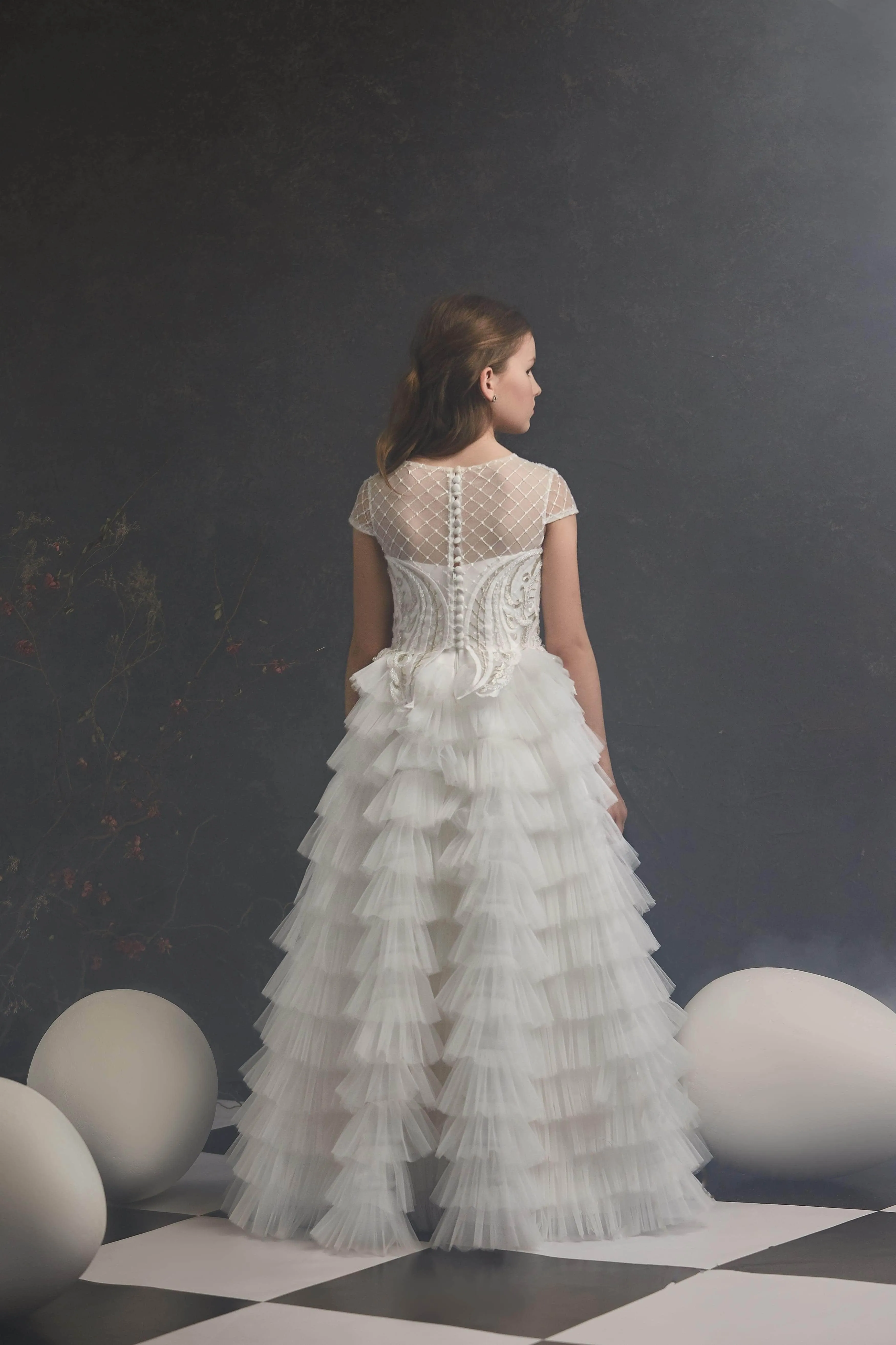 Tiered Fluffy Flowergirl Dress in Size 5T-6/Off-White