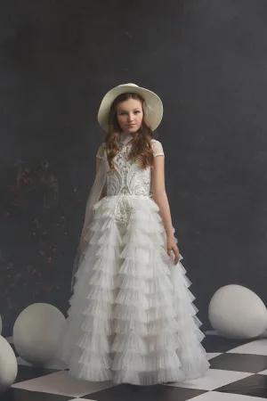 Tiered Fluffy Flowergirl Dress in Size 5T-6/Off-White
