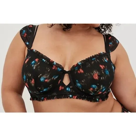 Torrid Sweet Ikat Black Floral Mesh Ruffle Underwire Bralette Size 3X NWT