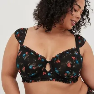 Torrid Sweet Ikat Black Floral Mesh Ruffle Underwire Bralette Size 3X NWT