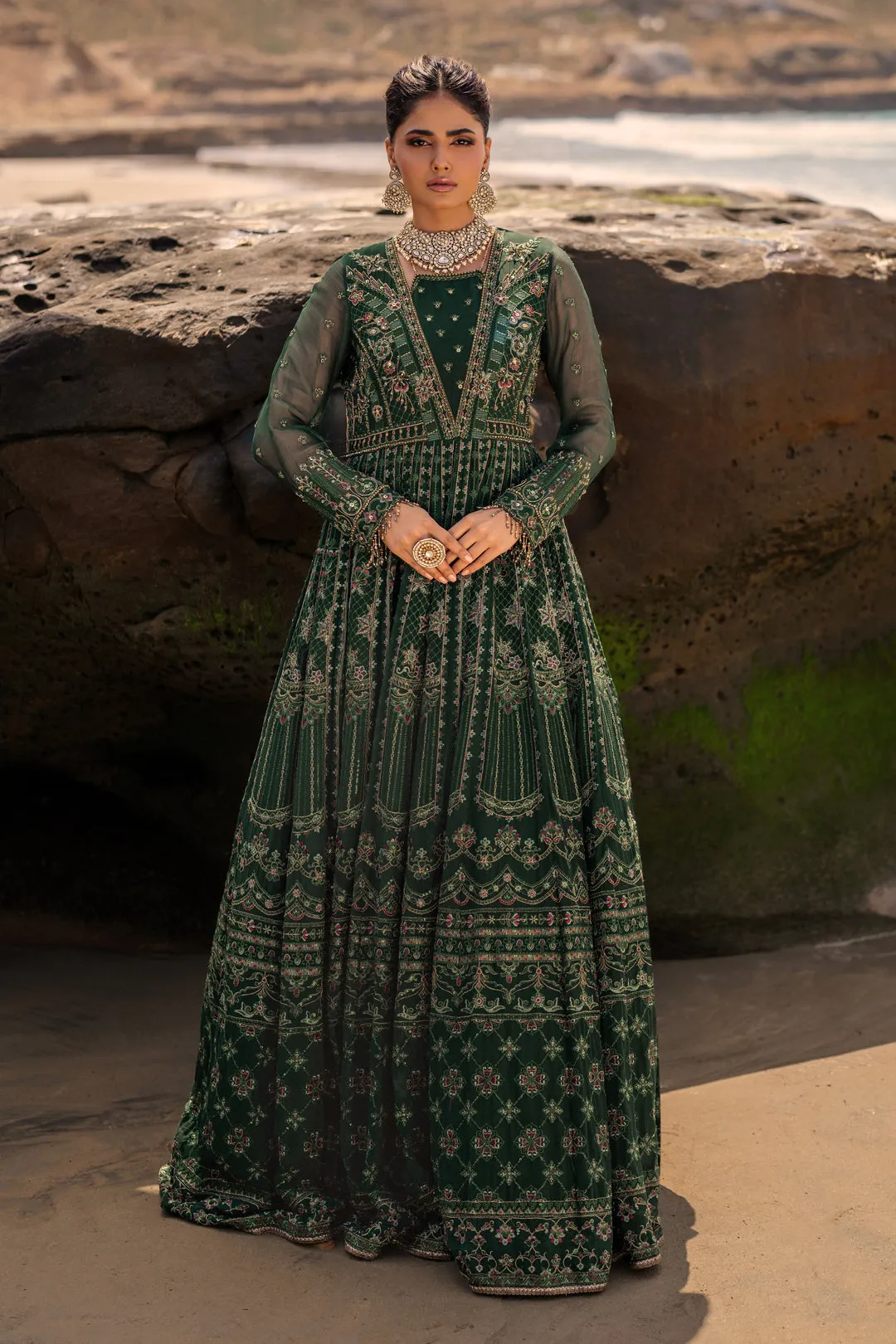 Traditional Bottle Green Embroidered Pakistani Wedding Dress Pishwas