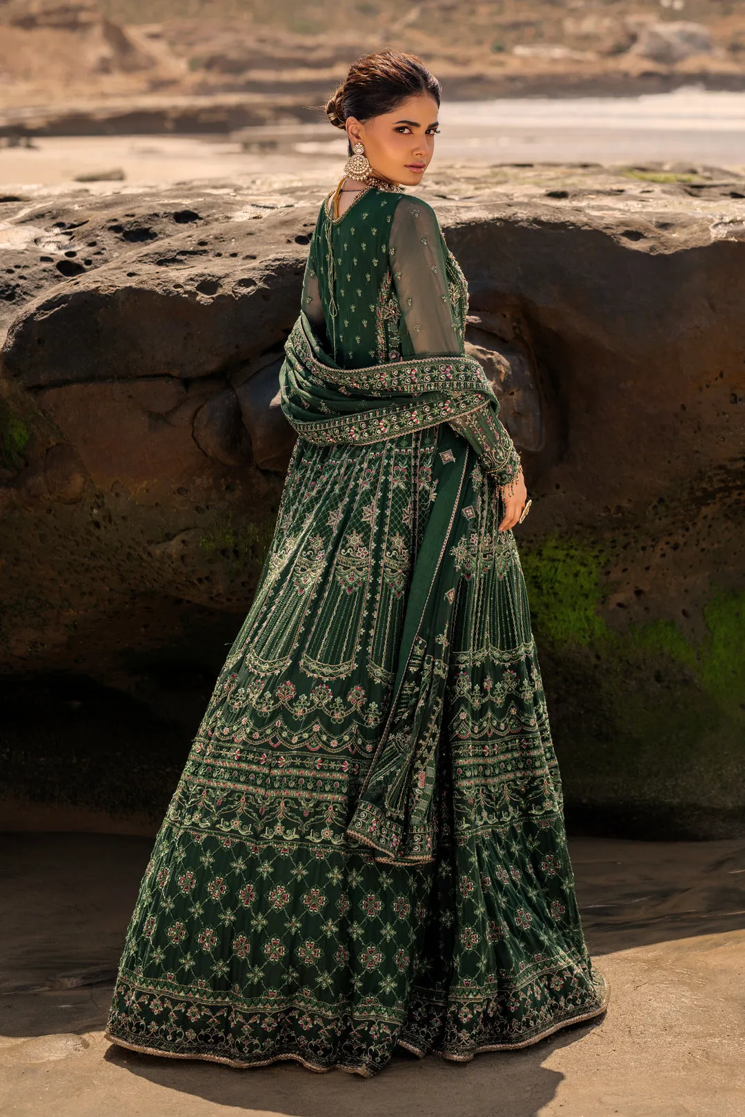 Traditional Bottle Green Embroidered Pakistani Wedding Dress Pishwas