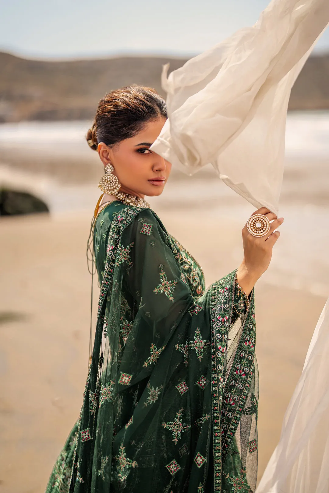 Traditional Bottle Green Embroidered Pakistani Wedding Dress Pishwas