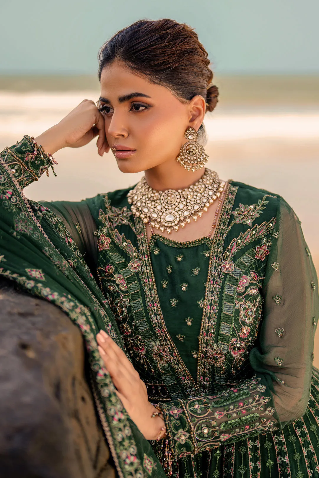 Traditional Bottle Green Embroidered Pakistani Wedding Dress Pishwas