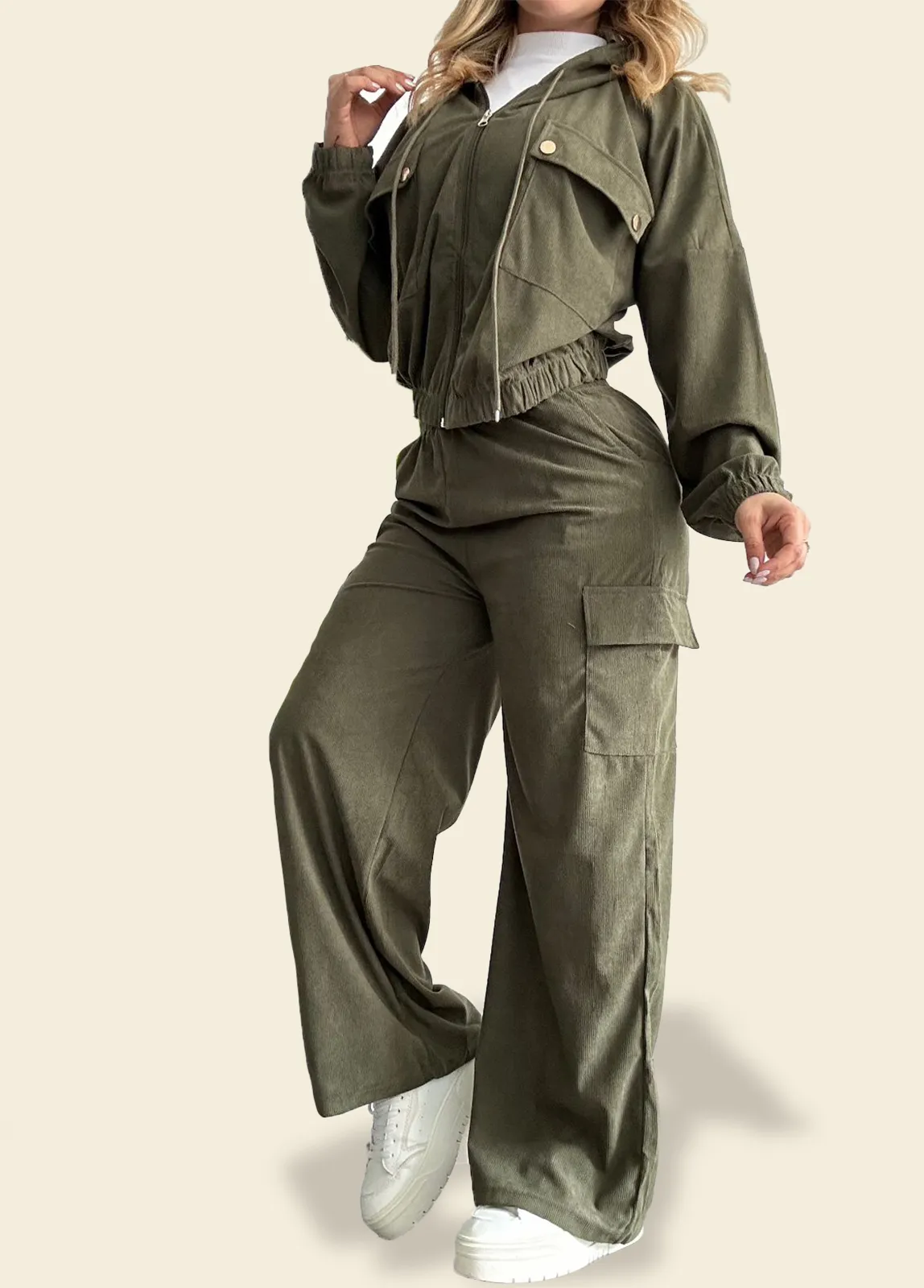 Two piece Casual Loungewear Set Jacket with Hoodie and Pants