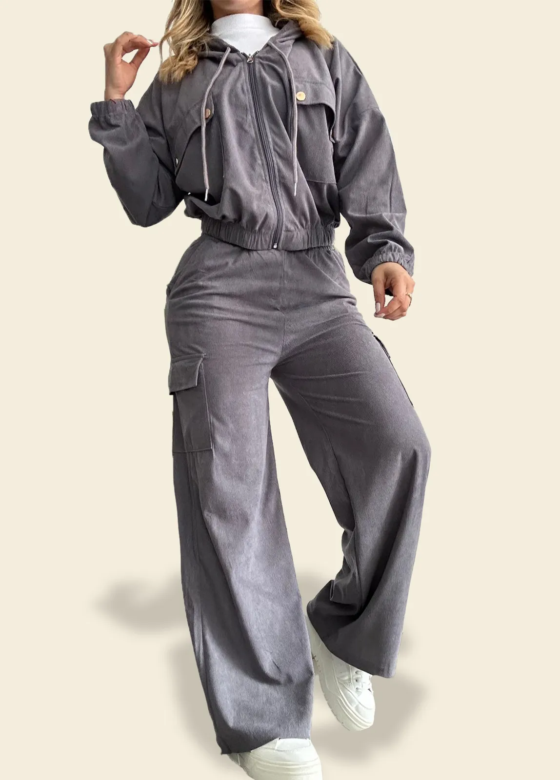 Two piece Casual Loungewear Set Jacket with Hoodie and Pants