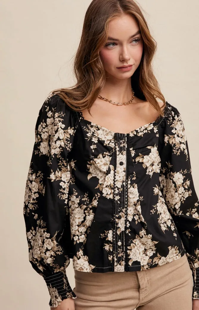 Valaria Floral Blouse-Black