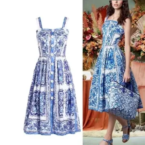 Vintage Elegant Strap Floral Print Midi Long Dress