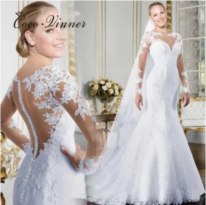 Wedding Guest Dresses: Sheer V-neck Long Sleeve Mermaid Wedding Dresses