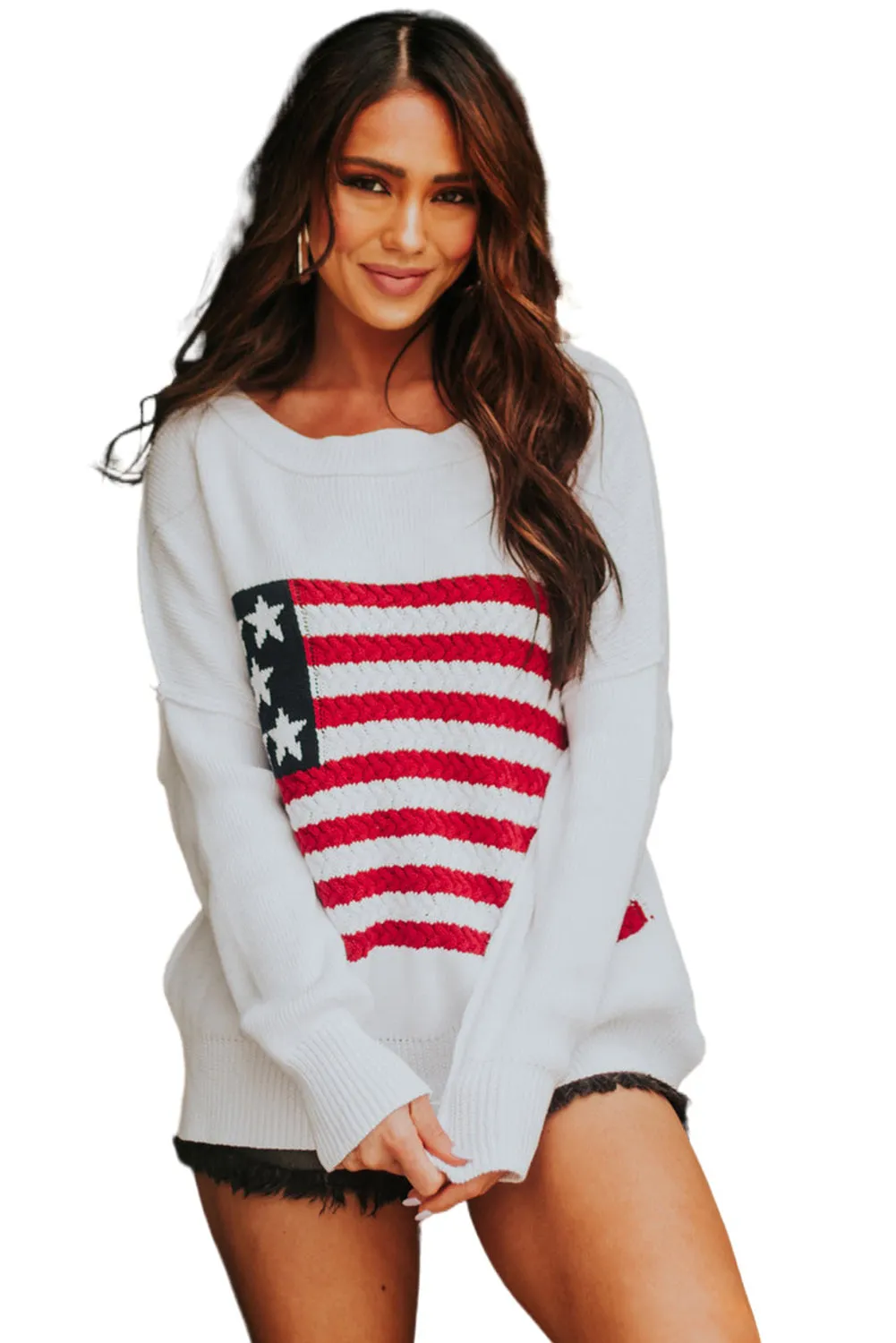 White American Flag Crochet Knit Sweater