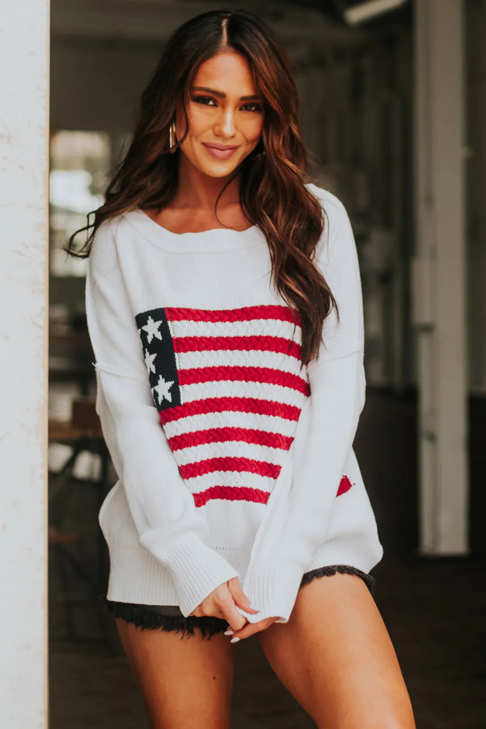 White American Flag Crochet Knit Sweater