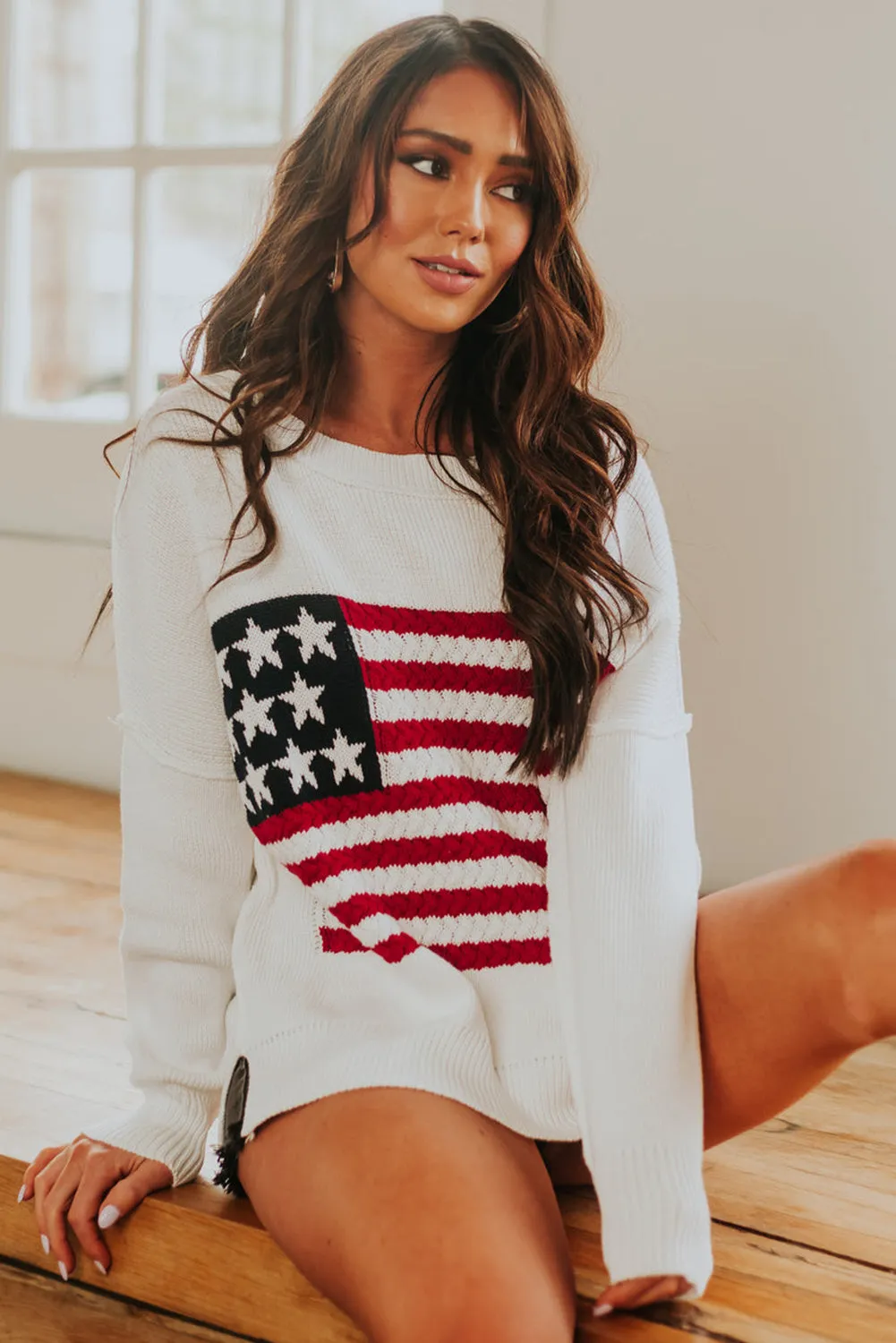 White American Flag Crochet Knit Sweater