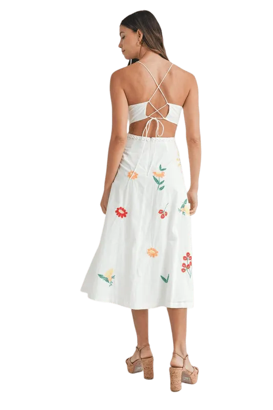 White embroidered open back dress