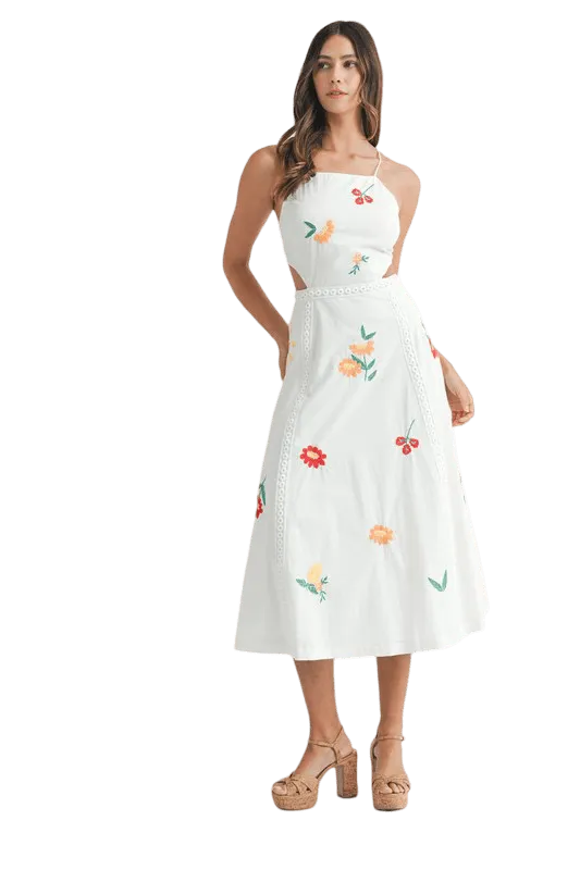 White embroidered open back dress