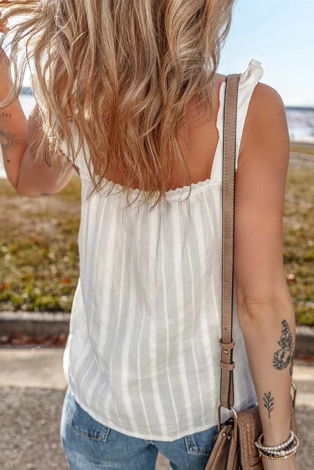White Lace Crochet Ruffled Buttoned Loose Fit Tank Top
