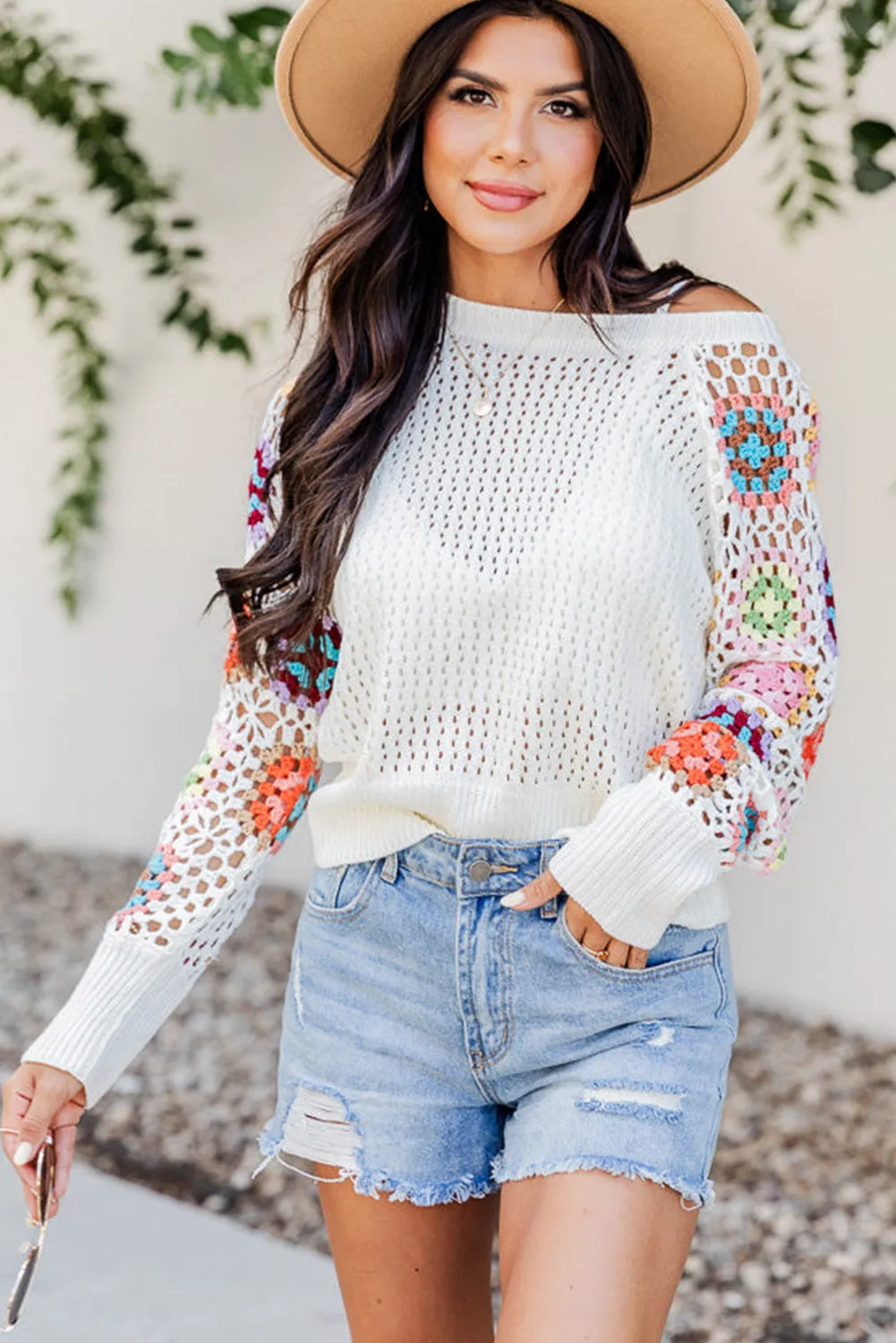 White Pointelle Floral Crochet Sleeve Sweater