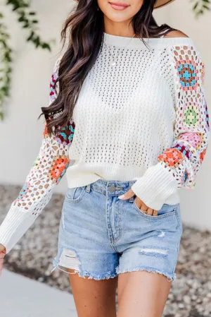 White Pointelle Floral Crochet Sleeve Sweater