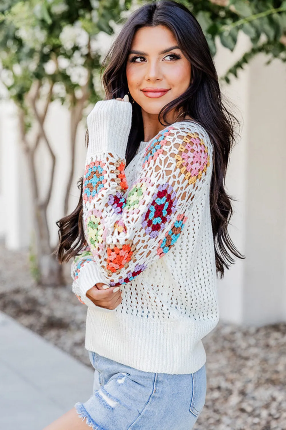 White Pointelle Floral Crochet Sleeve Sweater