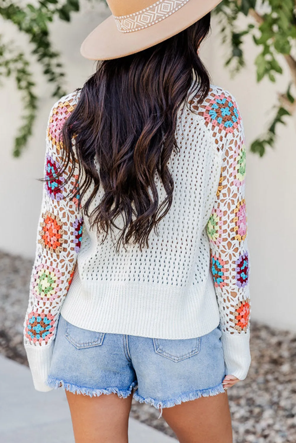 White Pointelle Floral Crochet Sleeve Sweater
