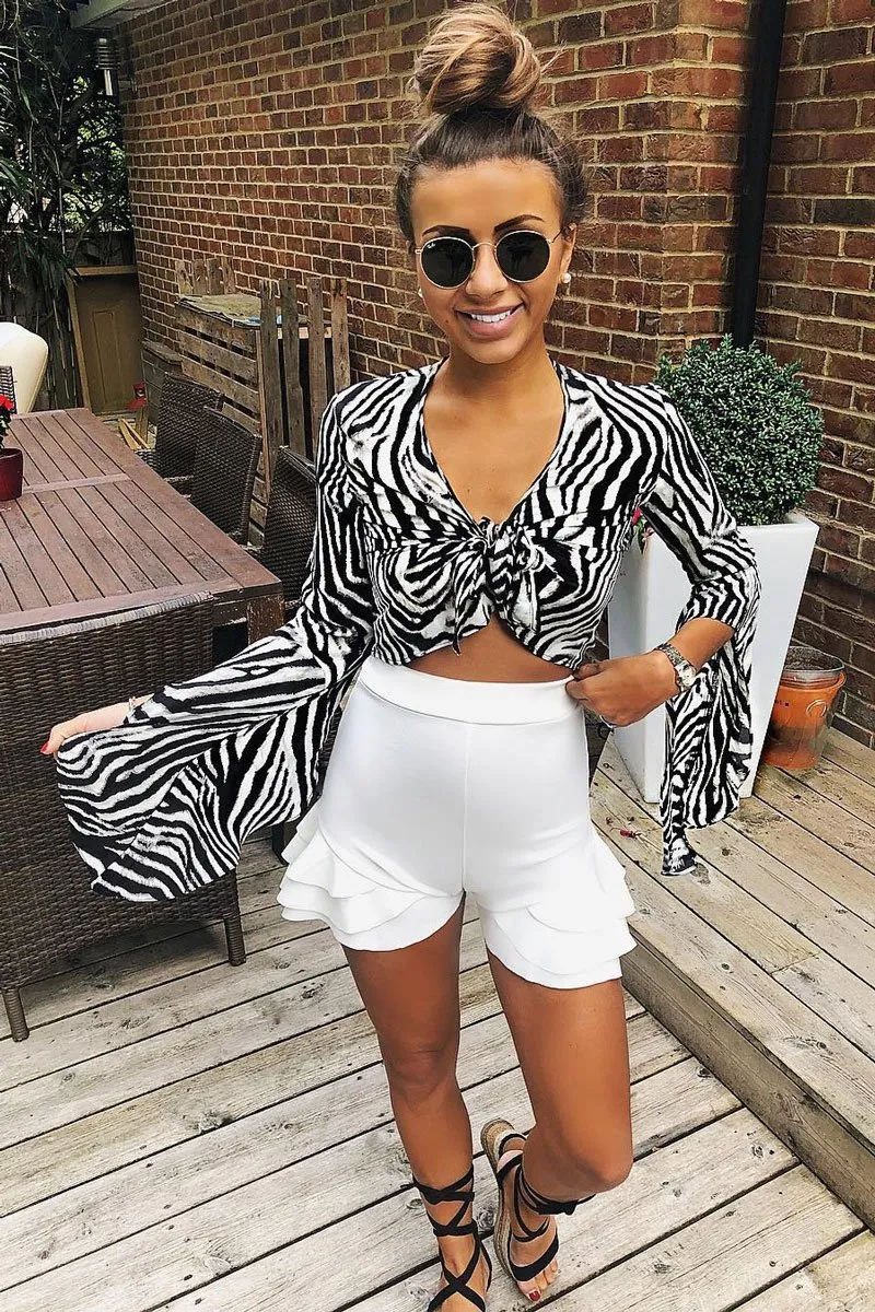 White Ruffle Trim Belted Shorts - Afra